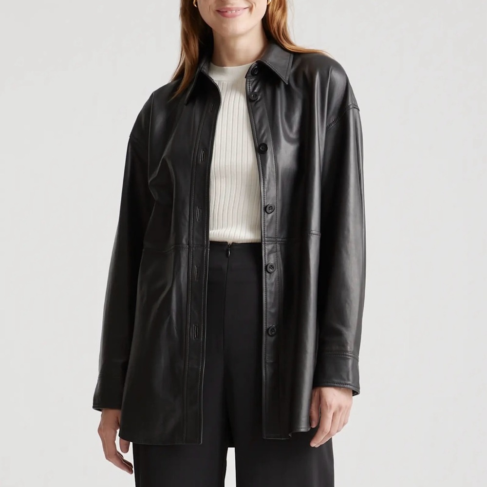 Quince 100% sheep leather shirt jacket black size M